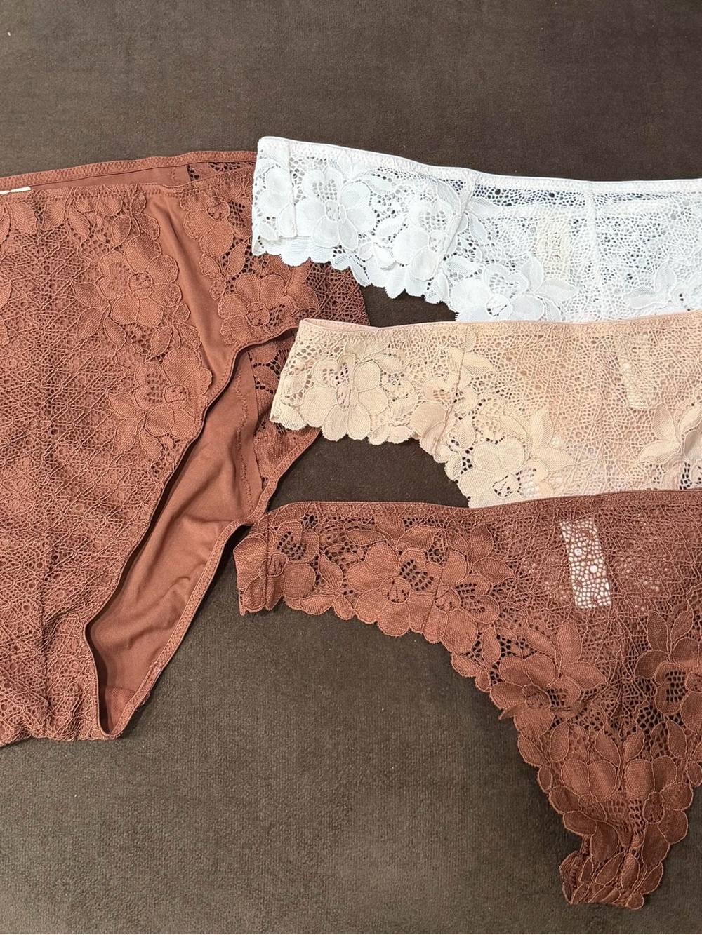 Bare Essentials Lace Bikini & Thongs Panties - White, Cream, Brown 4 Pairs NWOT
